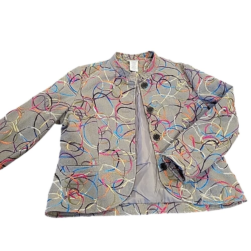 Blazer Jacket Gray Wool Blend Scribble Embroidery Colorful 14 Petite Women